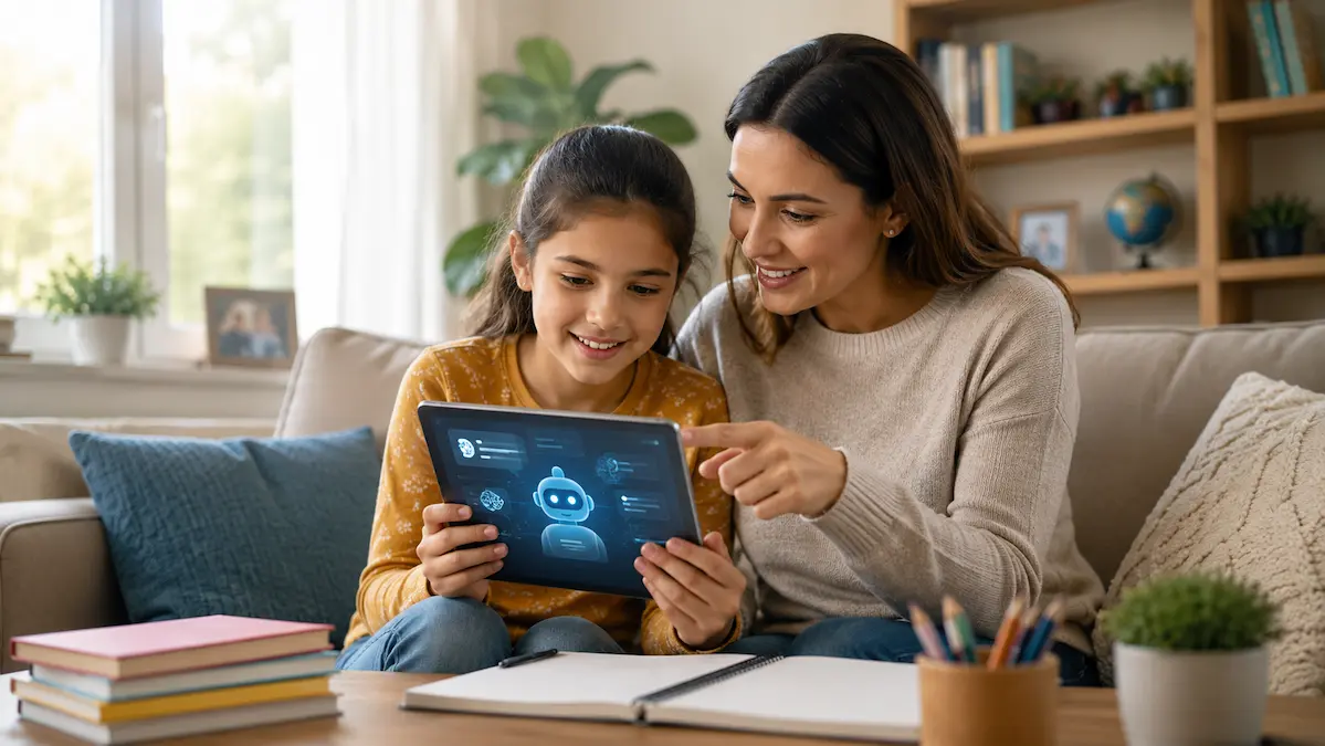 Parent and child exploring AI together at home
