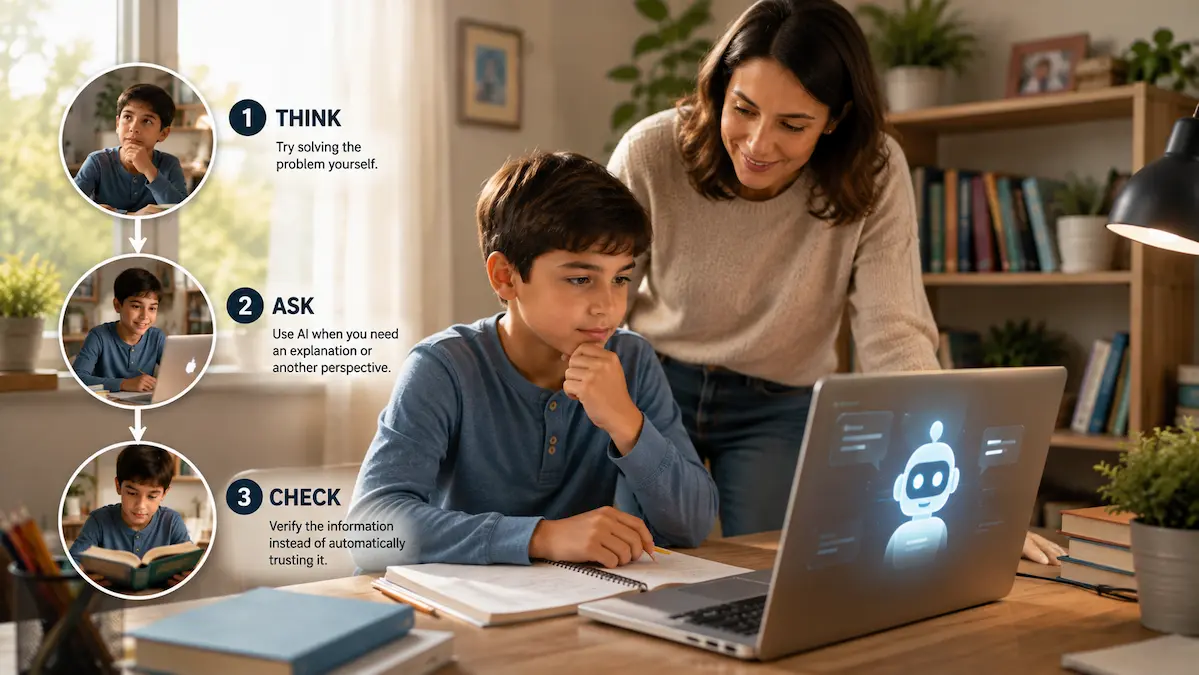 Parent teaching a child to think and check AI answers