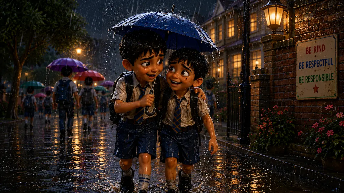 Two school friends sharing an umbrella on a rainy day