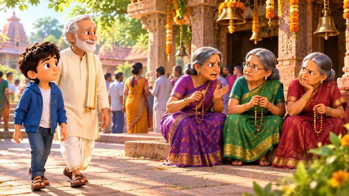 A young boy in a blue hoodie walks with his white-bearded grandfather near an Indian temple, while three elderly women in colorful saris sit nearby holding prayer beads and whispering among themselves.