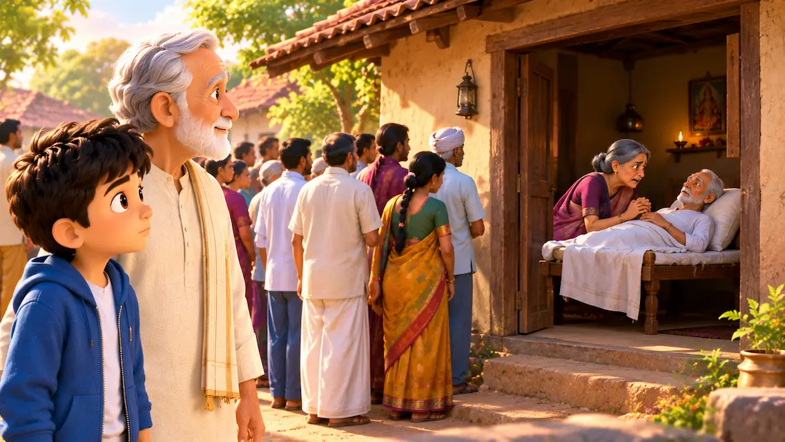 A young boy and his white-bearded grandfather look toward an elderly man resting on a wooden bed inside a village home while visitors gather outside.