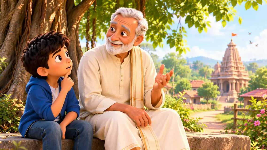 An elderly Indian grandfather sits beneath a large tree and explains something with a hand gesture to his curious young grandson, who listens thoughtfully.