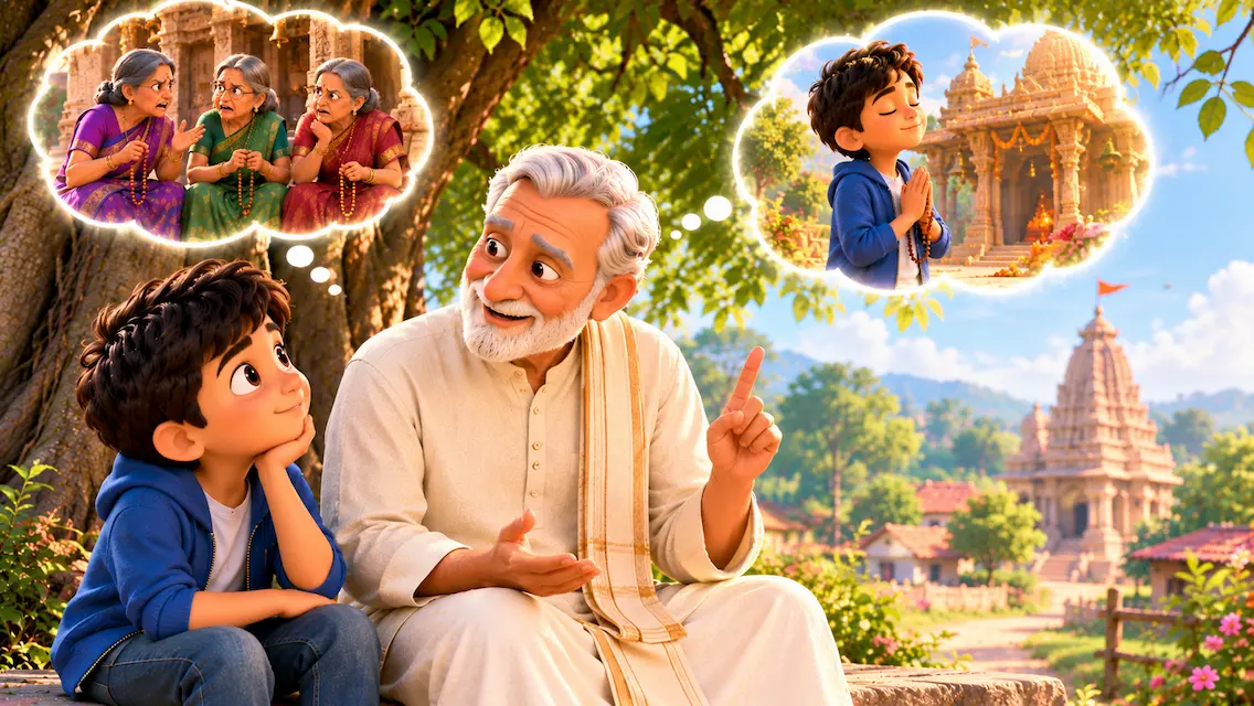 A grandfather explains true devotion to his grandson beneath a tree, with thought bubbles showing elderly women gossiping and the boy praying peacefully at a decorated Hindu temple.