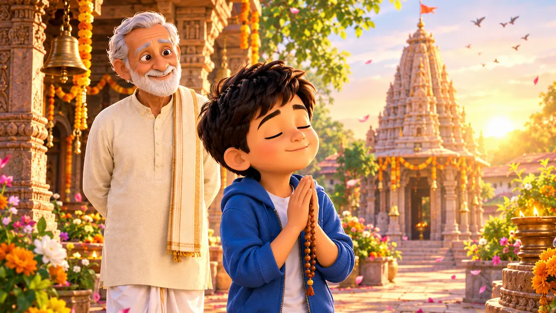 A young boy with closed eyes and folded hands prays peacefully while holding wooden prayer beads, with his smiling grandfather standing behind him near a decorated Hindu temple.