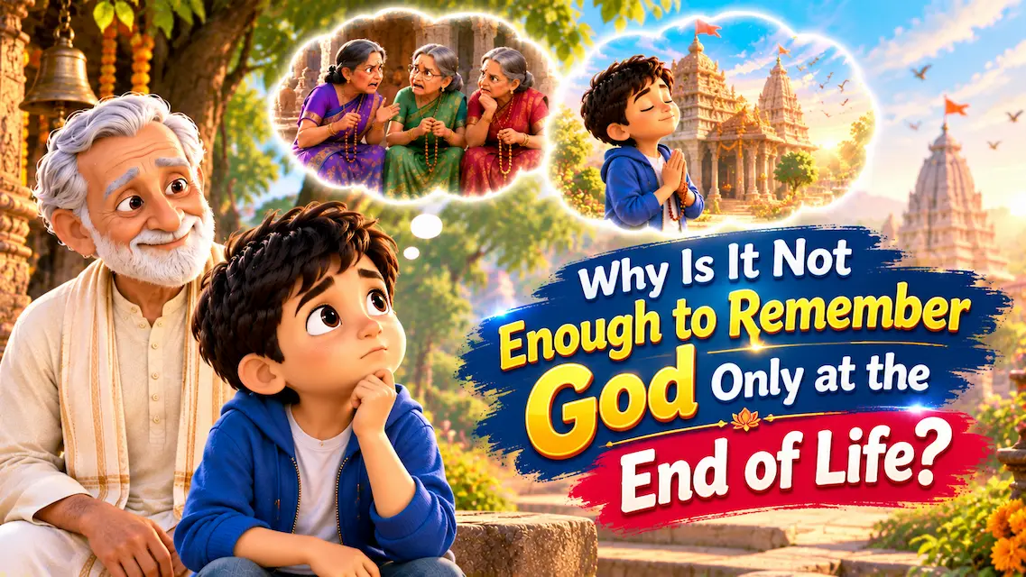 A colorful 3D animated YouTube thumbnail showing a curious boy and his grandfather, with thought bubbles depicting elderly women gossiping and the boy praying at a temple, alongside the question, "Why Is It Not Enough to Remember God Only at the End of Life?"